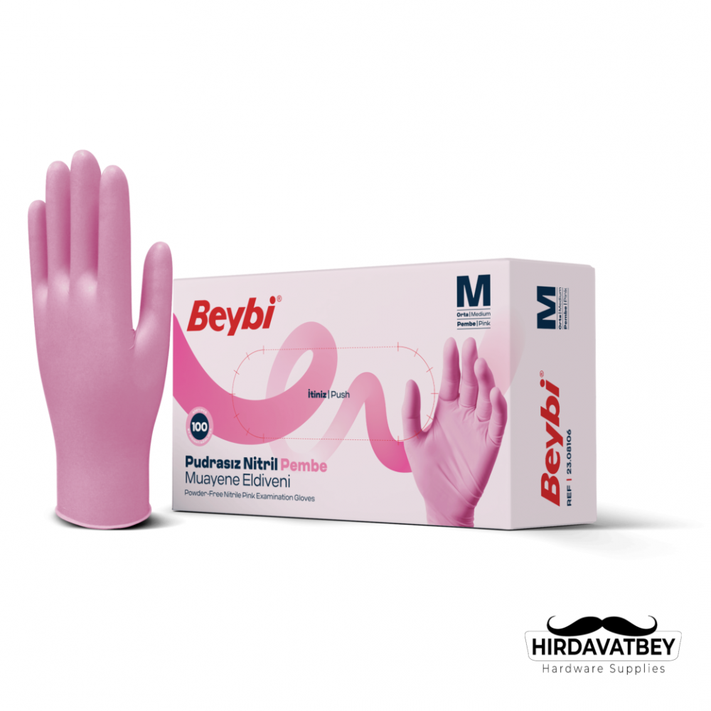 BEYBİ PUDRASIZ PEMBE NİTRİL MUAYENE ELDİVENİ - 100'LÜK KUTU / 1 KOLİ 20 ADET