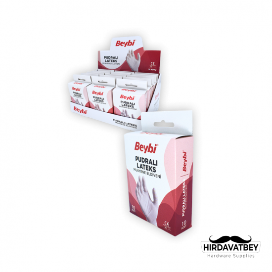 BEYBİ PUDRALI LATEKS MUAYENE ELDİVENİ - 15X10'LÜK DİSPLAY KUTU / 1 KOLİ 12 ADET